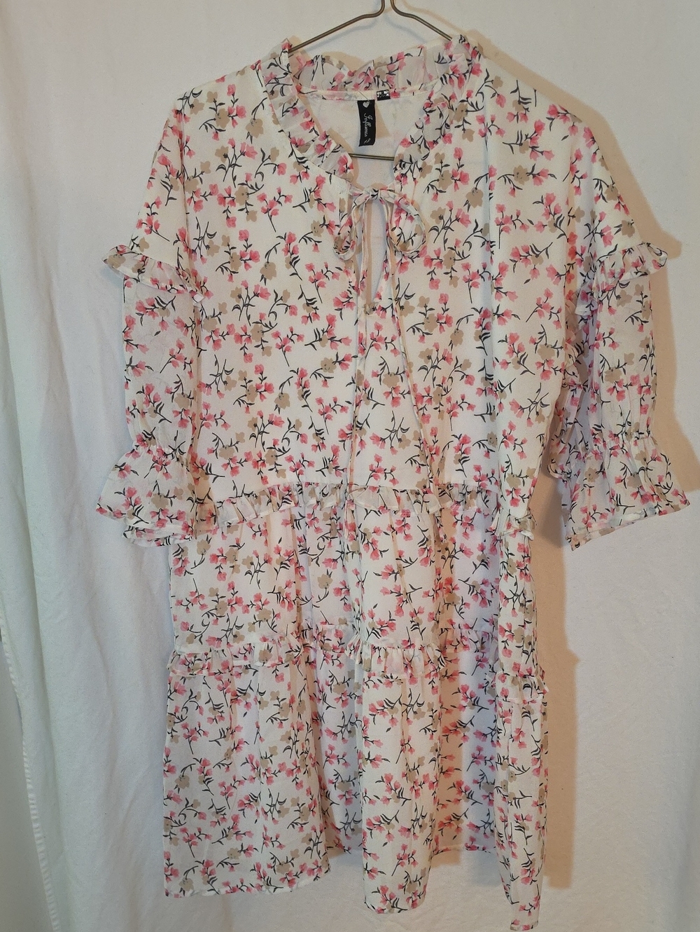 Floral Tie-Neck Ruffle Tiered Dress - White with Pink Floral